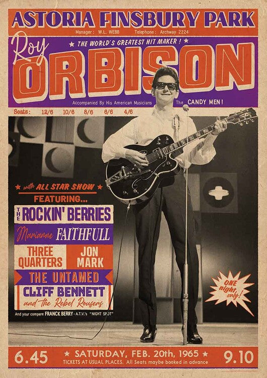 Roy Orbison - Astoria Finsbury Park 1965 – virallisesti lisensoitu juliste, 59.4×84.1 cm juliste